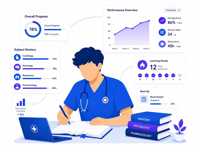 Ilustração de desempenho e progresso de estudos BoraMed